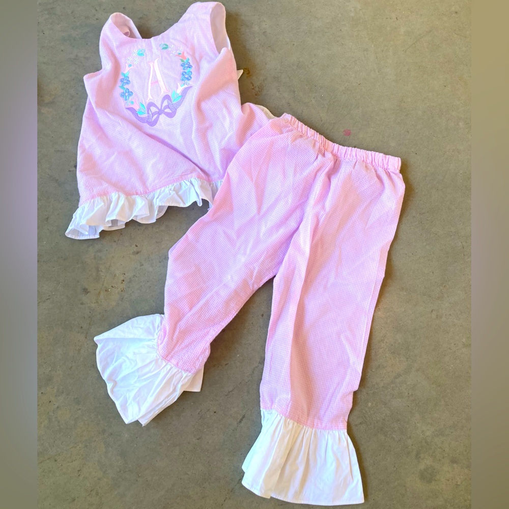 The Smocking Bug pink gingham embroidered personalized “A” pants sun set. Sz 4.